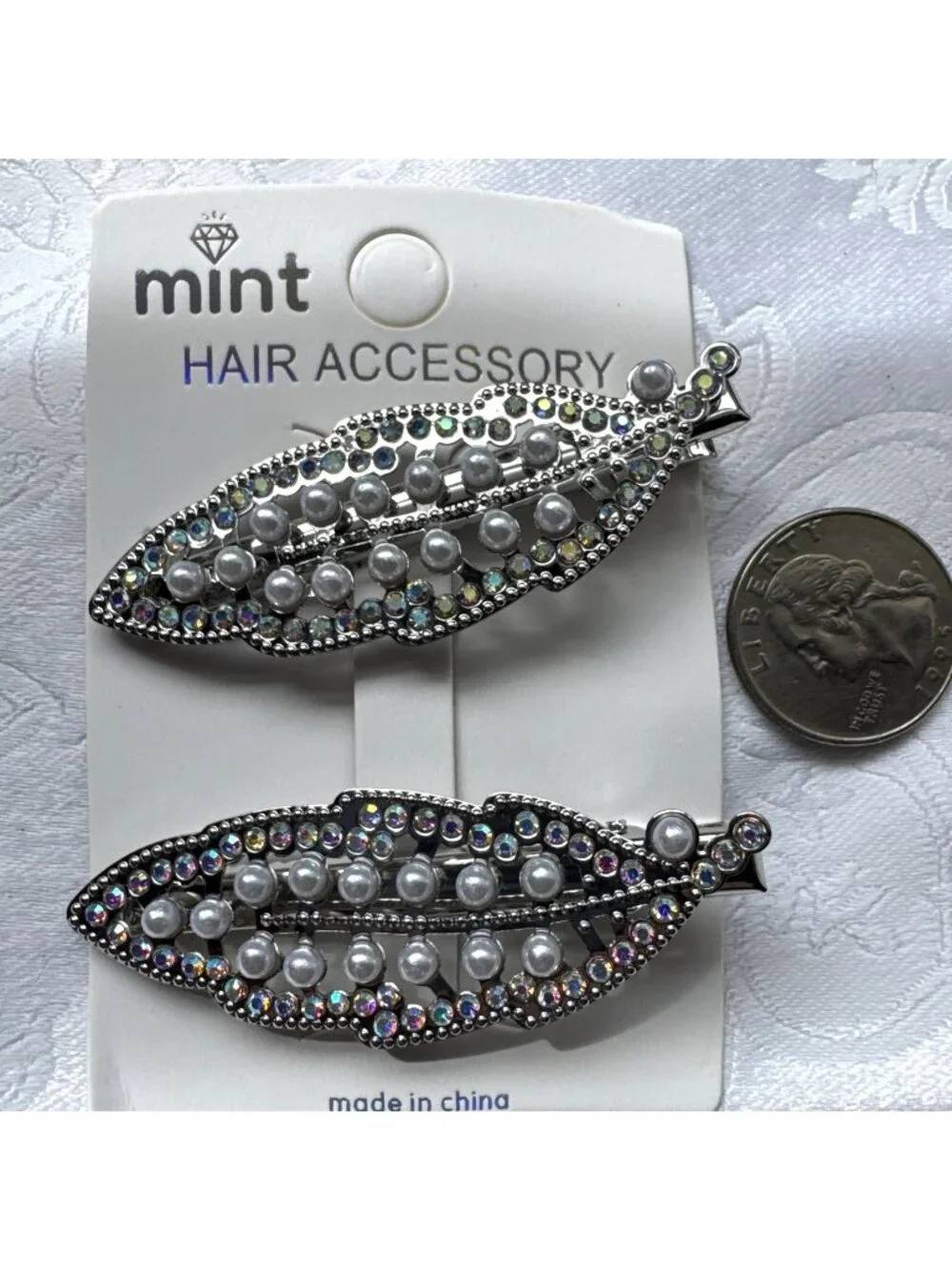 Silver Pearl Hair Clips Clamp Metal Alligator Claw Bling Crystal Rhinestone 2.5